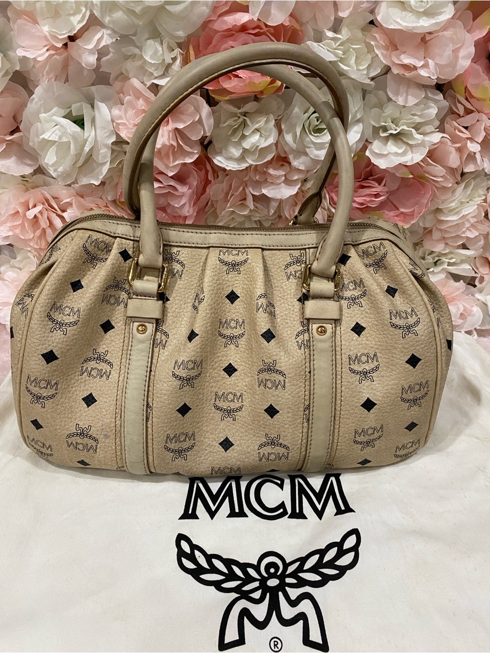 MCM Beige Visetos Logo Satchel with Gold Hardware - Picture 2 of 14